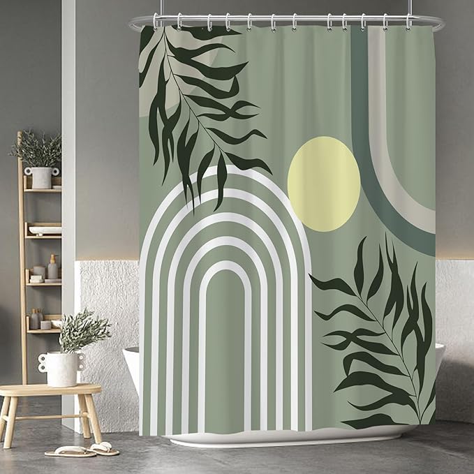 Baocicoo Green Minimalism Boho Shower Curtain Mid Century Abstract Sun Shower Curtain for Bathroom Modern Hostel Hotel Durable Polyester Waterproof Curtain for Bathroom with Hooks 72x96 Inches