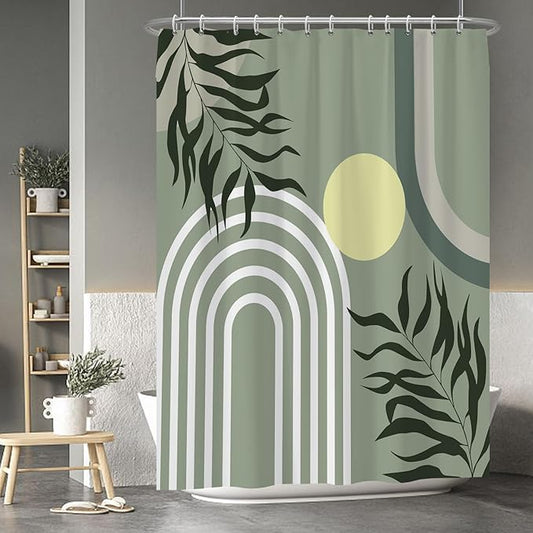 Baocicoo Green Minimalism Boho Shower Curtain Mid Century Abstract Sun Shower Curtain for Bathroom Modern Hostel Hotel Durable Polyester Waterproof Curtain for Bathroom with Hooks 72x96 Inches