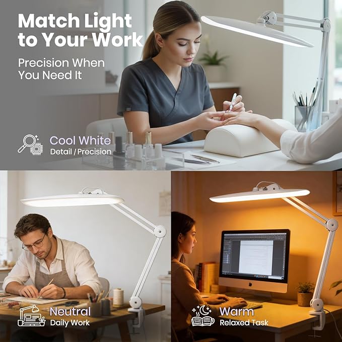 Neatfi XL Nail Desk Lamp with Clamp, 2200 Lumens, 20-Inch Wide Head, Dimmable 4 Levels, 3 Color Modes 3000K–6000K, LED Task Light for Manicure Table, Crafts, Workbench, Office (CCT, White)