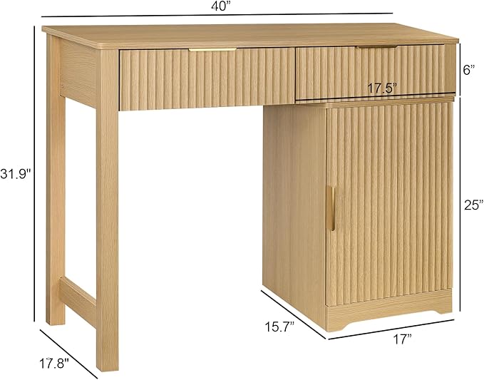 ZYBT 40" Fluted Executive Desk, Modern Wood Home Office Desk with Fluted Drawer & Removable Storage Cabinet and Printer Stand, Farmhouse Computer Writing Table for Work Study, Natural Oak