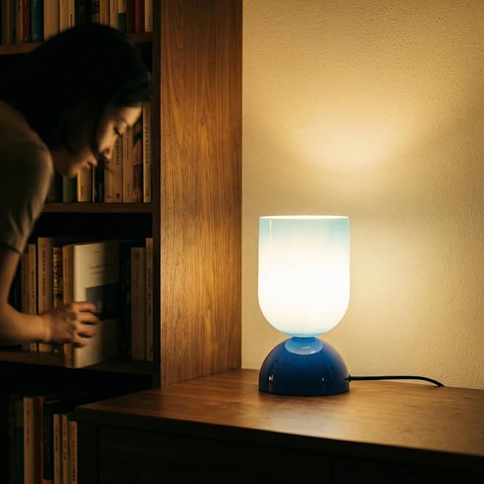 8.9" Modern Glass Table Lamp for Living Room, Dimmable Desk Lamps for Bedroom, UL Listed Nightstand Lamp with Dome Base, End Table Lamps for Home, Side Tables, College Dorm, Office, Glossy Blue