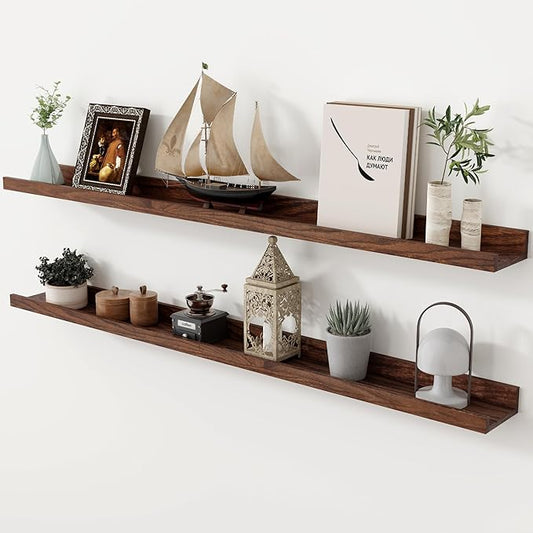 Axeman Oak Picture Ledge Shelf, 48 Inch Floating Shelves Set of 2, Solid Oak Wood Wall Shelves with Lip, Wall Decor Storage for Bedroom Living Room Bathroom Kitchen Nursery Photo Picture, Walnut