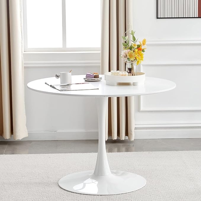 42 Inch Modern Round White Dining Table for 4-6 Person,Mid-Century White Tulip Table Kitchen Dining Table with MDF Table Top and Pedestal Base for Home Kitchen