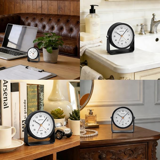 Lamisola 3.5 Inch Small Desk Alarm Clock, Battery Operated Analog Silent Clock with Night Light, Retro Vintage Metal Bedside Clock for Bedroom, Office, Bathroom, Dorm, Shelf, Table - Black