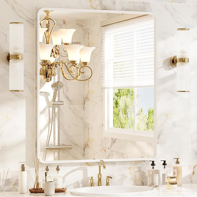 30x36 inch White Bathroom Mirror, White Metal Framed Rounded Rectangle Wall Mount Vanity Mirror, HD Tempered Glass, Aluminum Frame, Horizontal or Vertical Hanging, Modern Home Decor