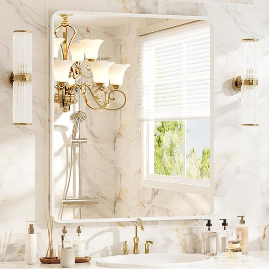 30x36 inch White Bathroom Mirror, White Metal Framed Rounded Rectangle Wall Mount Vanity Mirror, HD Tempered Glass, Aluminum Frame, Horizontal or Vertical Hanging, Modern Home Decor