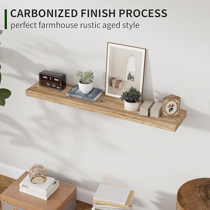 Marsmiles Wood Floating Shelves for Wall Set of 2, 36 Inch Wide Rustic Wooden Floating Shelves, Invisible Wall Mounted Display for Living Room Bedroom Kitchen Bathroom Office, Carbonized Black
