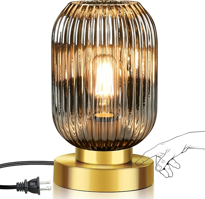 Mid Century Modern Table Lamp with Smoke Grey Ribbed Glass Shade, Touch Control & 3 Way Dimmable, Small Gold, Vintage Bedside Lamp for Bedroom, Living Room, Office (Bulb Included)