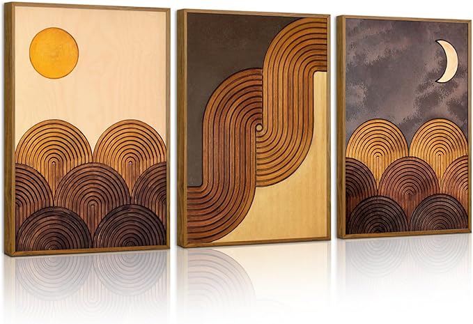 Tinonedraw Mid Century Modern Framed Canvas Wall Art Set, Boho Minimalist Geometric Arch Wall Decor, Bohemian Sun and Moon Art Paintings, Beige Brown Wooden Artwork for Living Room Bedroom 16"x24"x3