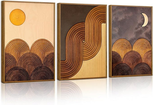 Tinonedraw Mid Century Modern Framed Canvas Wall Art Set, Boho Minimalist Geometric Arch Wall Decor, Bohemian Sun and Moon Art Paintings, Beige Brown Wooden Artwork for Living Room Bedroom 16"x24"x3