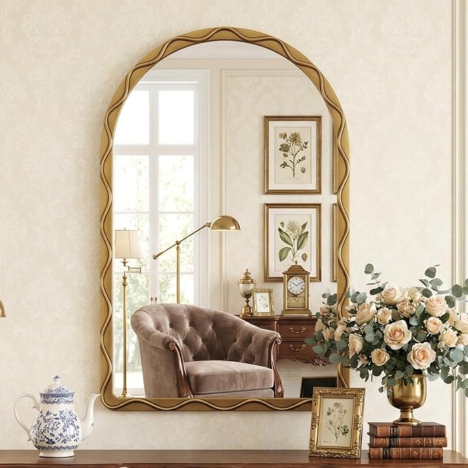 Uniclinens Vintage Arched Mirror Decor - Large Antique Gold Scalloped Mirror Decor with Metal Frame, Wavy Decor Mirror for Nursery,Entryway,Fireplace,Living Room,Hallway,Bathroom,24"X36"