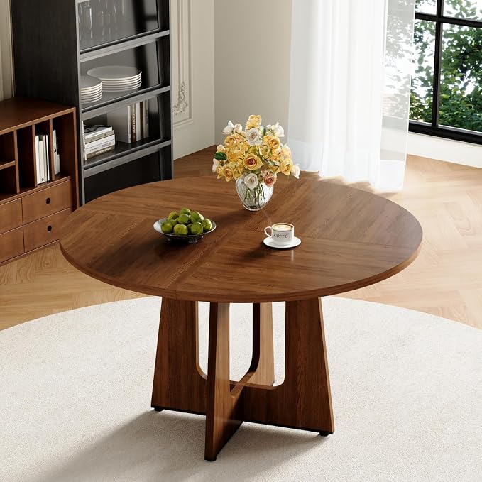 47" Round Dining Table for 4-6,Mid Century Modern Walnut Wood Grain Table,Rustic Kitchen Table with Cross Legs for Dining Room Kitchen