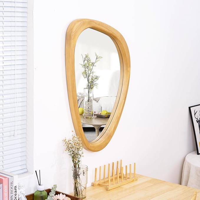 Irregular Wall Mirror, 20 x 30in Wooden Frame Asymmetrical Mirror, Large Home Decor Wall Mirrors, Hanging Vertically and Horizontally, for Bathroom, Living Room, Entryway (Natural Colour)