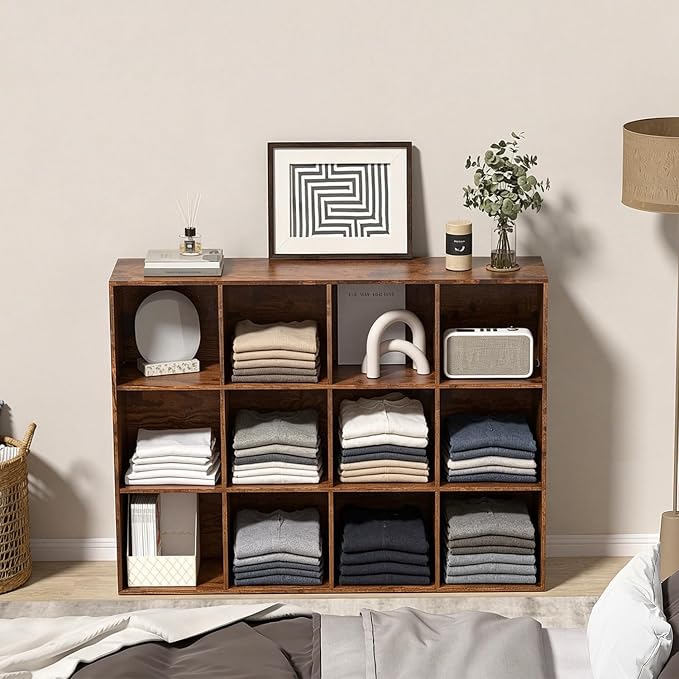 Wooden 12 Cube Storage Organizer with Closed Back Panel,Brown Cube Shelf Cubby Storage Organizer with Compartments for Living,Bookshelf, Easy to Install (Retro Brown, 12-Cube-11in)