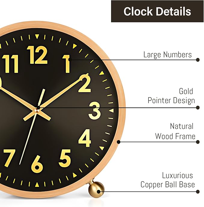 Maxspace Wooden Table Clock,8in Silent Non-Ticking Desk Clock with Gold Ball Base,Battery Operated Desktop Analog Clock for Living Room Office Bedroom Decor (Black Gold - Log, Copper Ball Base)