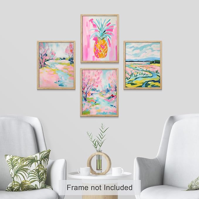SIGNWIN Adhesive Canvas Poster Vibrant Landscape and Pineapple Colorful Preppy Room Decor Pink Decor Digital Art Modern Art Decorative Multicolor Scenic for Bedroom - 12"x16"x4