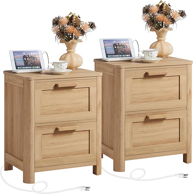 Farmhouse Nightstand Set of 2 with Charging Station, End Tables Bedroom with 2 Large Drawers & 4 Thickened Table Legs, Natural Wood