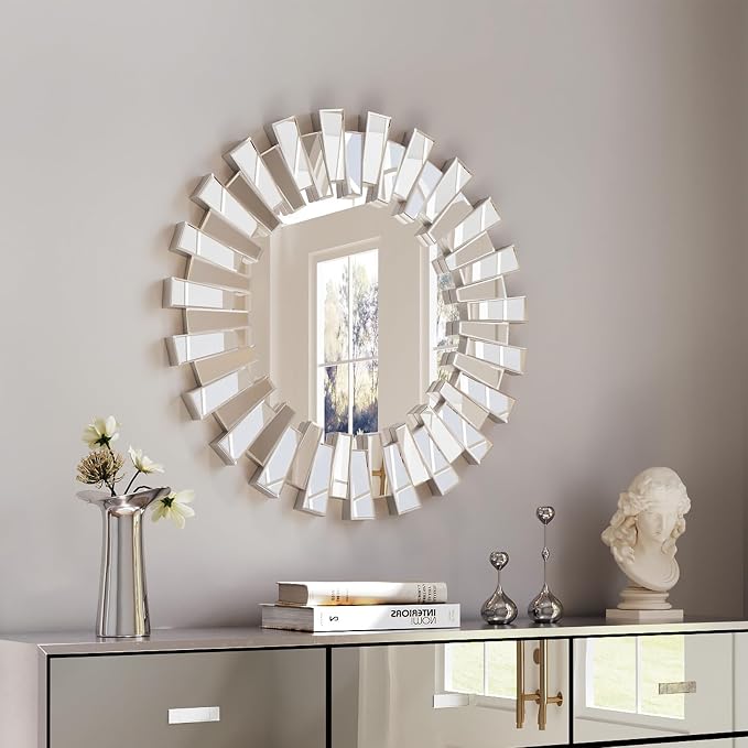 Sunburst Mirror - 26'' Sliver Starburst Mirror with Beveled Glass Frame, Modern Wall Decor Mirrors for Living Room, Hallway,Bedroom