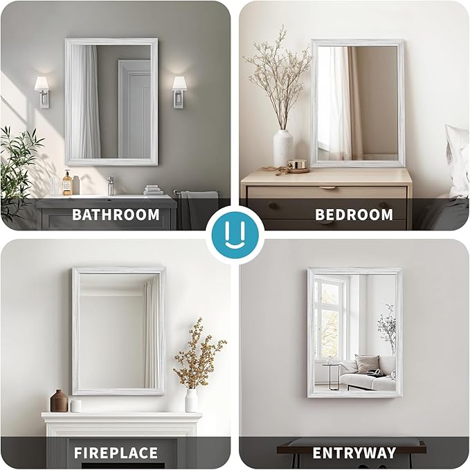 White Wood Effect Framed Wall Mirror, 24x32 Rectangle Mirror, Anti-desilvering Tempered Glass, Sustainable& Sturdy Frame, Anti-Rust, HD Reflection &3min Fast Setup for Bathroom Living Room