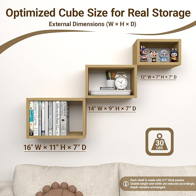 Premium Light Oak Floating Cube Shelves, Eco-Friendly Wood Box-Style Wall Storage Display Set of 3 — Pre-Assembled, Ready to Use, Modern Decorative Wall Shelf Units for Living Room, Bedroom & Office