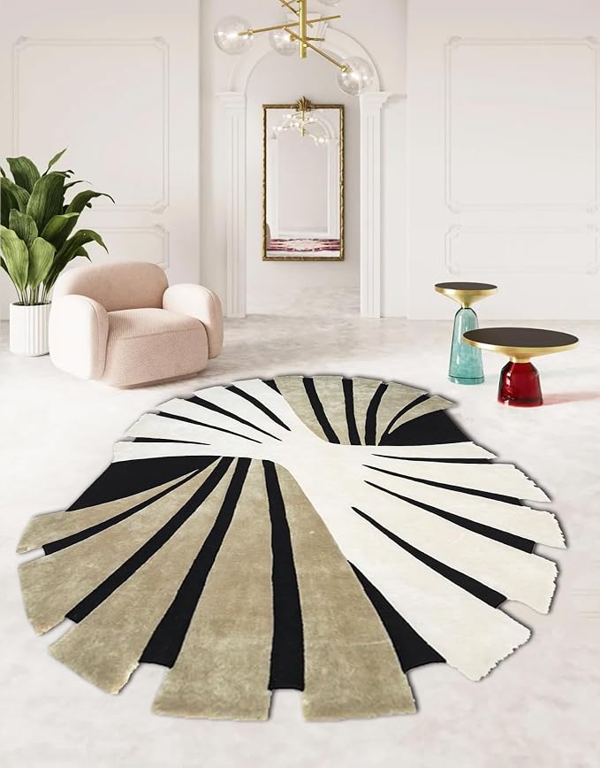Contemporary Aesthetic Geometic Art Deco Abstract Rug 7x12 Brown Black White Stripes Washable Area Rug for Living Room Bedroom Nursery Shaggy Carpet Under Dining Coffee Table Non Slip Easy Clean Mats