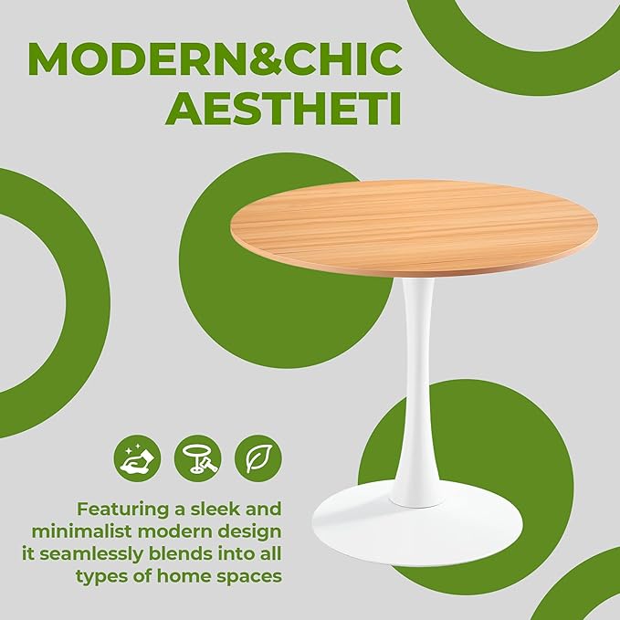 31.5 Inch White and Oak Round Dining Table for 2-4 People,Mid-Century Tulip Kitchen Table, Pedestal Base Table for Small Space Kitchen Dining Room