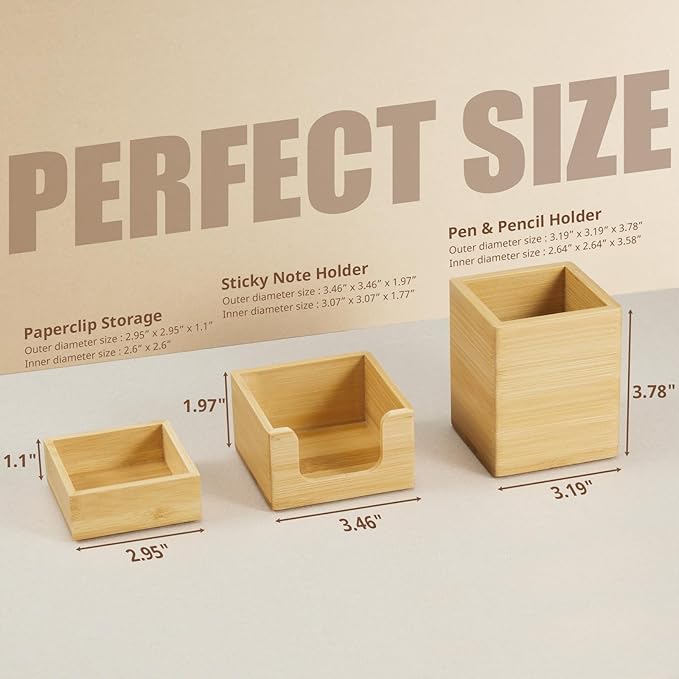 Desk Organizer Set of 3 - Bamboo Office Desk Accessories - Desk Organizers and Accessories for Women Men - Set incl. Pencil Pen Holder, Paperclip Storage and Sticky Note Holder