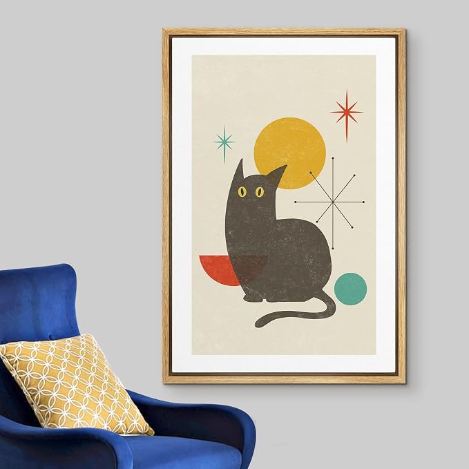 Woodrose Framed Canvas Print Wall Art Retro Vintage Geometric Black Cat Animals Shapes Illustrations Modern Minimalist Chic Relax/Calm Multicolor for Living Room, Bedroom, Office - 16"x24" Natural