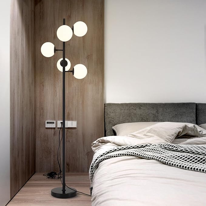 KCO Lighting Contemporary Standing Light 5-Light Frosted White Glass Globe Floor Lamp Modern Black Corner Tall Pole Lamp with Foot Switch for Home Office (Black)