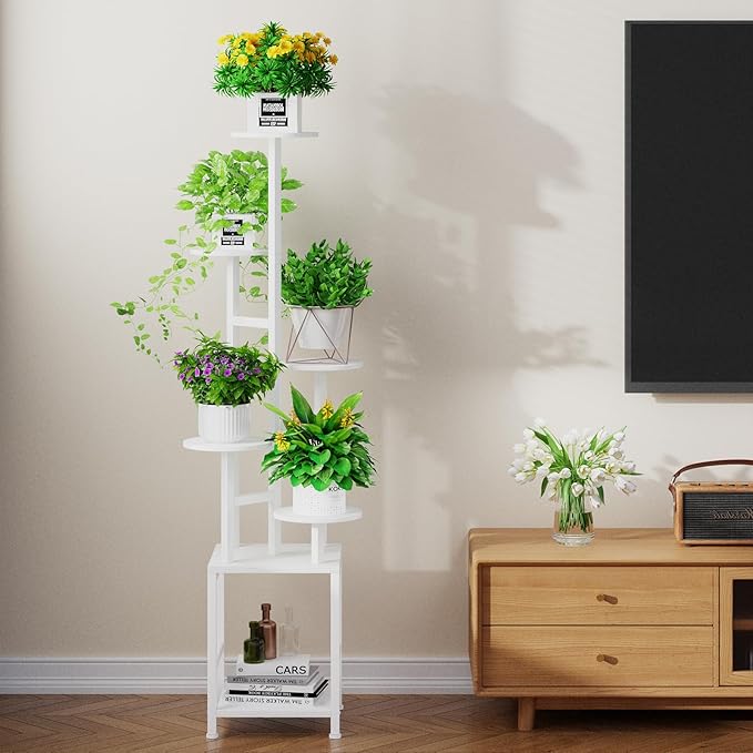Homsorout Plant Stand Indoor with Grow Light, 6-Tiered Tall Plant Stand Indoor, Metal Plant Shelf with Hanging Basket Hook and Adjustable Light, Ideal for Living Room, Garden, Round Patio white
