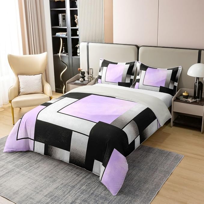 Erosebridal Purple Grey Black 100% Cotton Duvet Cover Queen Watercolor Geometric Bedding Set for Kids Teens Adults Patchwork Geometric Square Comforter Cover Minimalist Modern Art Bed Set 3 Pcs