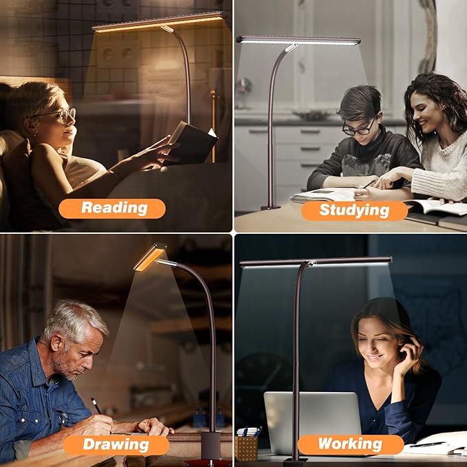 Airlonv LED Desk Lamp for Office Home, Eye-Caring Desk Light with Stepless Dimming Adjustable Flexible Gooseneck, 10W USB Adapter Desk Lamp with Clamp for Reading, Study, Workbench (Brown)