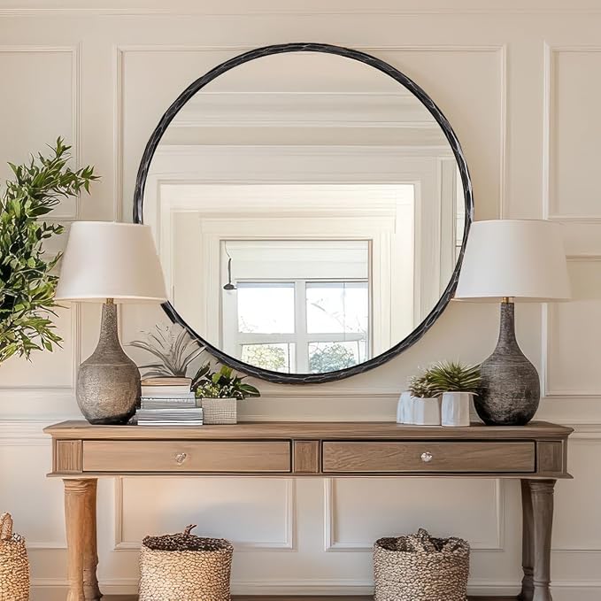 ANDY STAR Hand-Forged Round Mirror for Wall, 36 Inch Black Solid Steel Metal Frame Circle Mirror, Antique Hammered Rounded Bathroom Mirror for Living Room, Bedroom, Entryway, Vanity