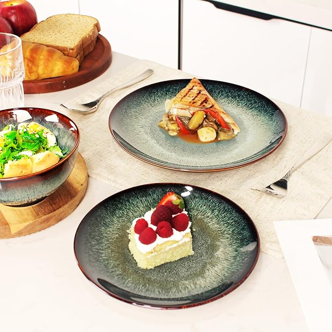 Dinner Set 12 Pieces - Round Reactive Glaze Tableware - Kitchen Dinnerware Porcelain Crockery with Dinner Plate, Bowl and Soup Plate Service for 4, Microwave Dishwasher Safe, Set (No.2)