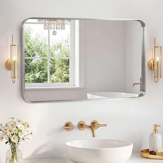 NEWBULIG 24X36 Inch Bathroom Mirror for Over Sink, Wall Vanity Mirrors Tempered Glass, Anti-Rust Metal Framed Rounded Rectangle, Hangs Horizontally or Vertically, Farmhouse Home Decor, Silvery