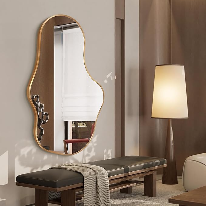 Irregular Wall Mirror - Wall Mirrors Decorative 22"x 36" Asymmetrical Abstract Mirror Aviation Aluminum Alloy Frame Unique for Bathroom, Bedroom, Living Room, Cloakroom, Entryway Gold