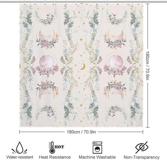 Moon Phase Flowers Shower Curtain Moonlit Herb Wildflower Witchy Celestial Flower Botanical Waterproof Shower Curtains for Bathroom Decor 12 Pack Hooks 72x72in (183x183cm)