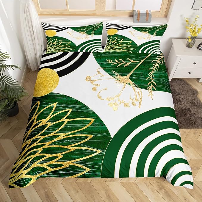 Erosebridal Green Boho Modern Queen Comforter Cover for Women Men Adults - Mid Century Abstract Duvet Cover Bohemian Geometric Bed Set Chic Contemporary Stripes Bedding Set