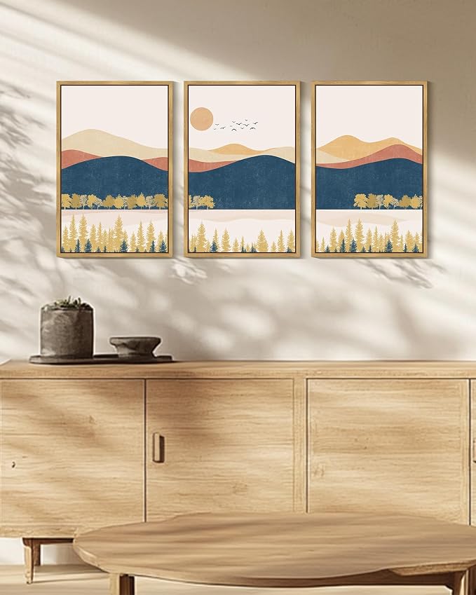 KUVIOKE Bohemain Mountain Landscape Framed Canvas Wall Art Watercolor Nature Artwork Painting Boho Farmhouse Rustic Room Decor for Bedroom Living Room 16x24in (Natural Framed)