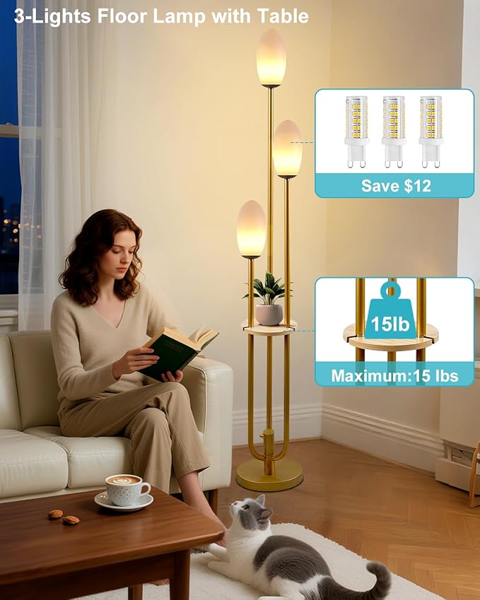 Lightdot Gold Dimmable Floor Lamp with Table, 63IN Mid-Century Oval Floor Lamps with Bulbs Included, 3-Lights Modern Tall Standing Lamp with 5Lbs Heavy Base for Living Room/Sofa Beside/Corner Decor