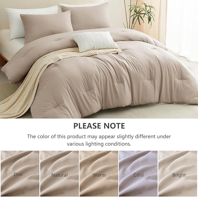 CozyLux King Size Comforter Set Wheat, 3 Pieces Lightweight Down Alternative Quilted Bedding Sets, Gray All Season Soft Breathable Solid Comforter with 2 Pillowcases, Luxury Bed Set Gift for Home