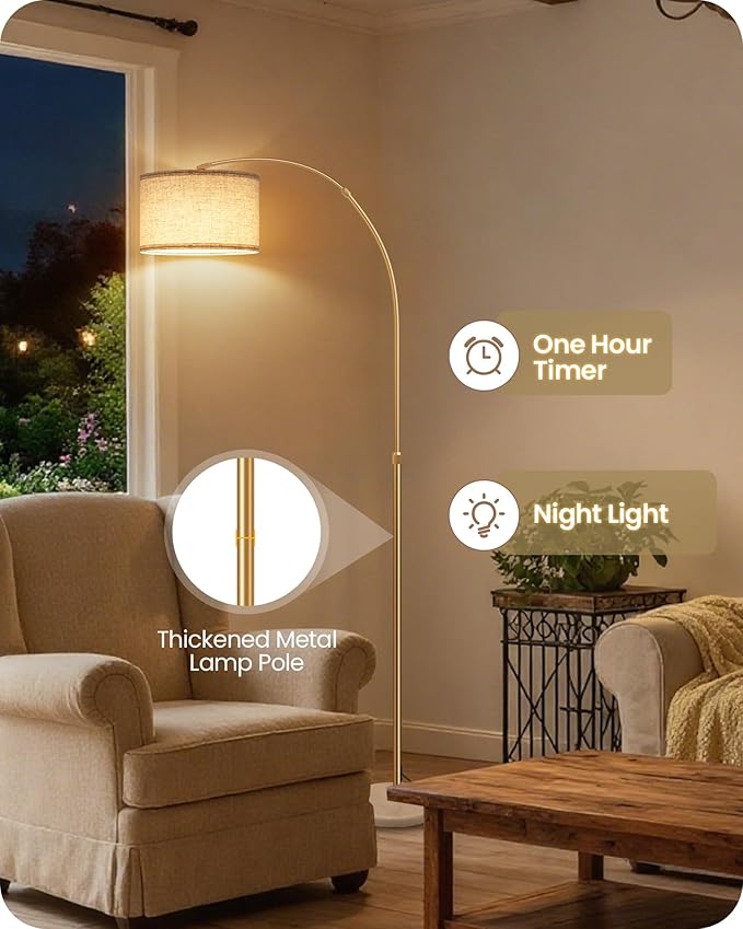75" Arc Floor Lamp with Marble Base and Adjustable Height, Rotating Hanging Shade, Dimmable Gold Floor Lamp for Living Room with Remote and Foot Switch, 3 Color Temperatures, Timer, DE15LD05