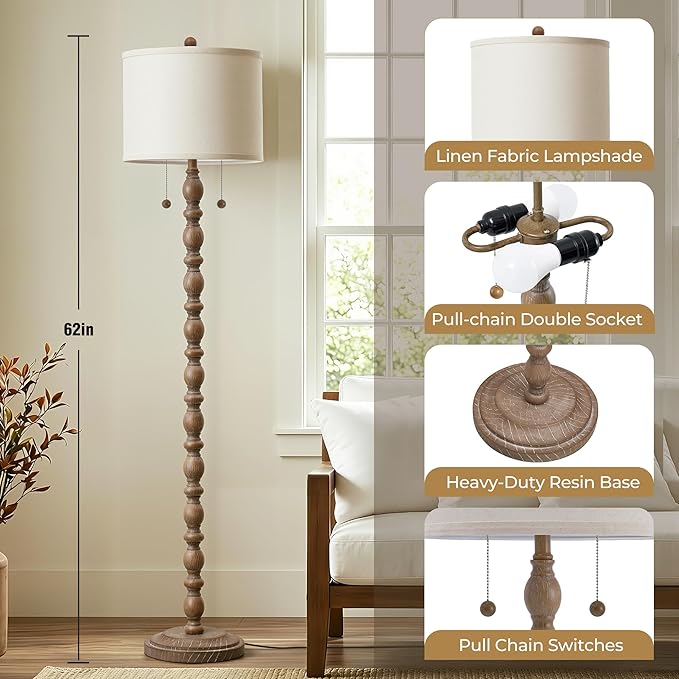 Luvkczc Farmhouse Floor Lamp for Living Room Bedroom, 62" Tall Standing Lamp with Dual Pull Chains, Vintage Resin Floor Lamp with 9W LED Bulb, Easy Assembly