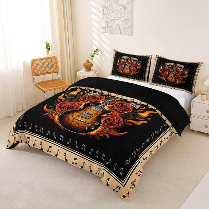 Erosebridal Guitar Rose Duvet Cover Full for Teens Boys - Floral Gothic Skull Flame Bedding Set Punk Rock Roll Music Comforter Cover,Vintage Musical Notes Bed Set