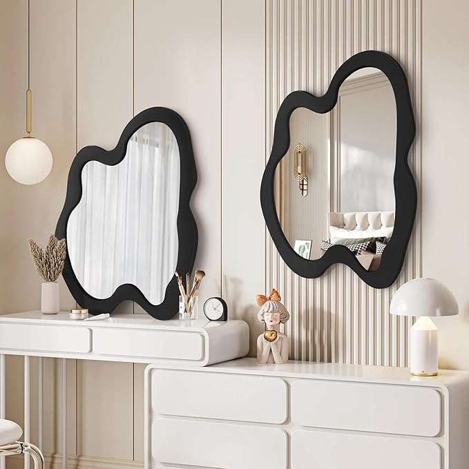 Irregular Wall Mirror - 20" x 28" Asymmetrical Wavy Mirror, Modern Decorative Wall Mirror with Black Wood Frame for Bedroom, Living Room, Entryway, Bathroom, Cloakroom