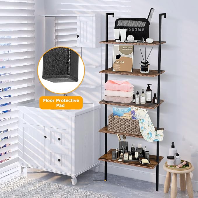 5 Tier Wall Mounted Ladder Shelf, Ladder Bookshelf with Metal Frame and Wood Shelf, Modern Learning Bookcase for Living Room, Bedroom, Office (23.6" W x 11.8" D x 70.8" H, Rustic Brown)