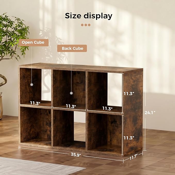 LUCKLIFE 6-Cube Storage Organizer, Stackable Modular Bookcase Shelf with Vertical or Horizontal Use, Fits 11×11" Bins, Optional Back Panels, for Living Room, Office, Vintage Brown