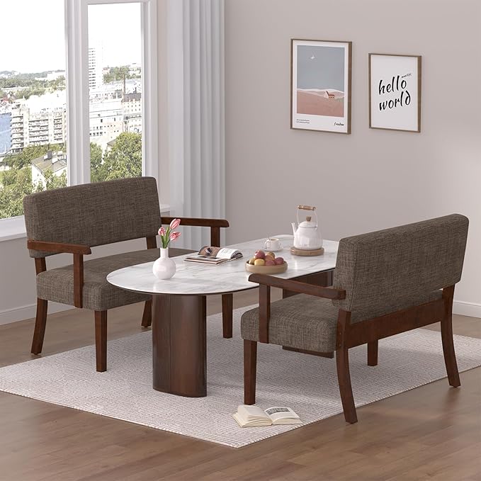 Accent Chair 2 Seat, Upholstered Reading Leisure Chair, Bench with Solid Wood Frame for Dining, Reading,Waiting Rooms (Brown)