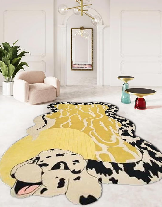 Bright Yellow Black and White Spots Snake Rug for Living Room Bedroom Guestroom Non Shedding Faux Wool Area Rug Fun Animal Shaped Rugs Vibrant Art Playroom Nursery Room Anti Slip Durable Carpet 6x8