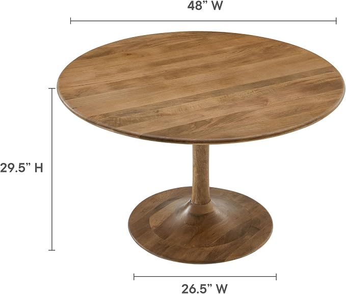 Modway Lippa 48 Inch Round Wood Dining Table in Natural – Solid Mango Wood Tabletop with Pedestal Base - Mid Century Modern Dining Room Furniture - Kitchen Table for 4-6 Person